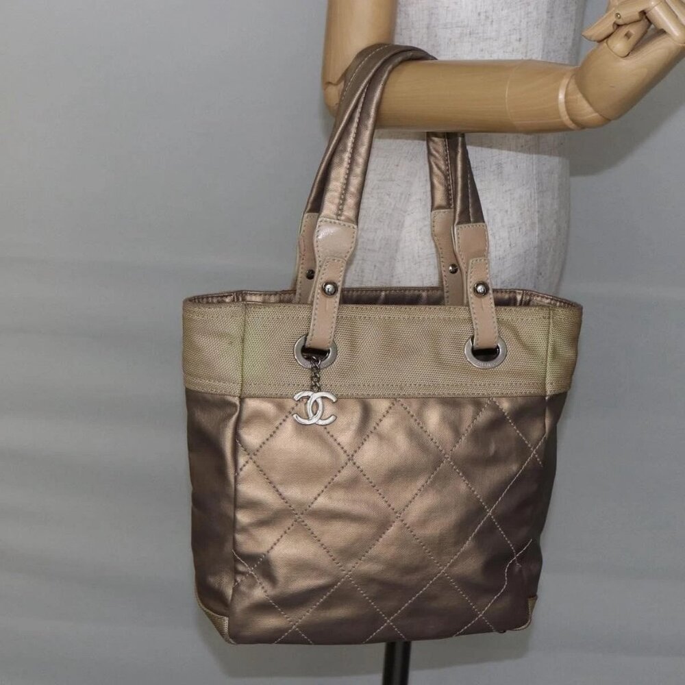 CHANEL Paris Biarritz PM Tote Bag Coated Canvas Gold CC Auth 148314
